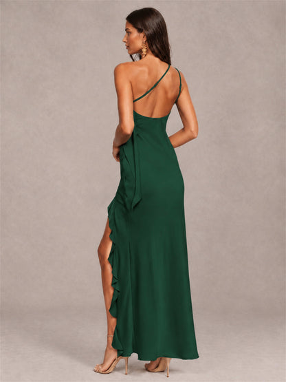 3D Flower One Shoulder Column Satin Sleeveless Wedding Guest Dress with Split Side