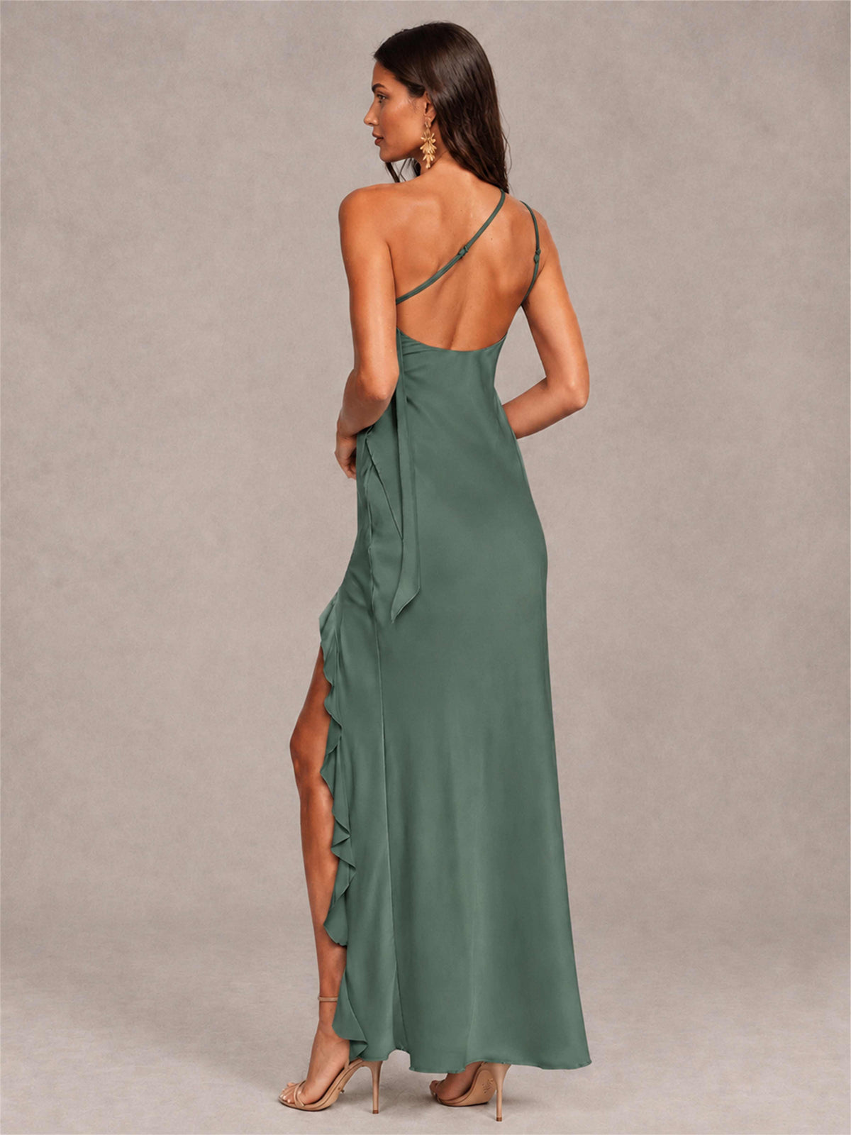 3D Flower One Shoulder Column Satin Sleeveless Wedding Guest Dress with Split Side