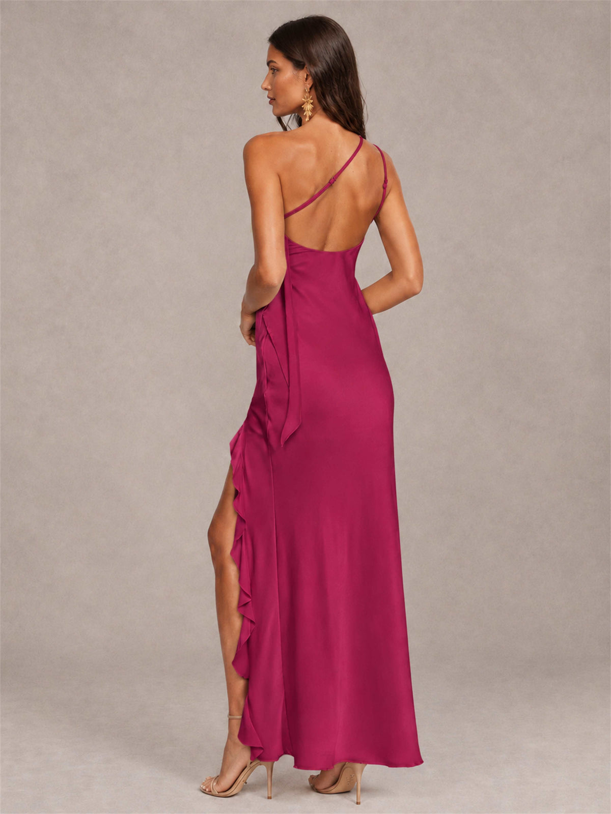 3D Flower One Shoulder Column Satin Sleeveless Wedding Guest Dress with Split Side