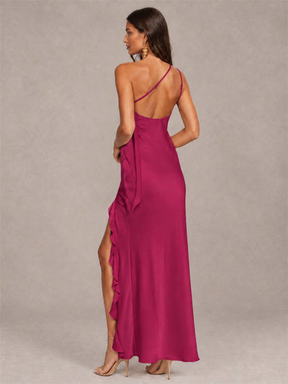 3D Flower One Shoulder Column Satin Sleeveless Wedding Guest Dress with Split Side