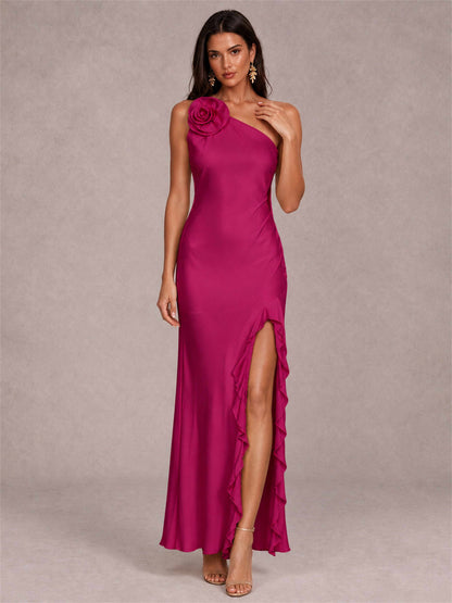 3D Flower One Shoulder Column Satin Sleeveless Wedding Guest Dress with Split Side