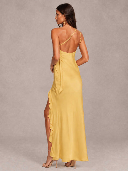 3D Flower One Shoulder Column Satin Sleeveless Wedding Guest Dress with Split Side