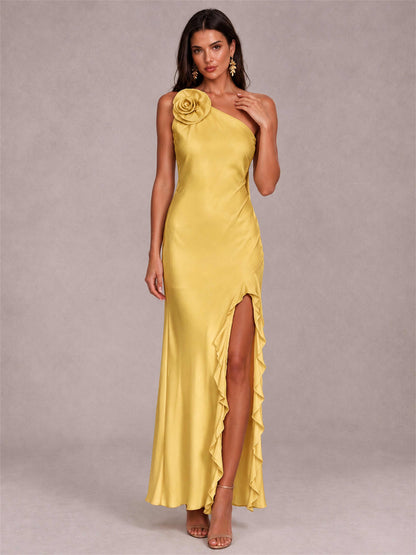 3D Flower One Shoulder Column Satin Sleeveless Wedding Guest Dress with Split Side