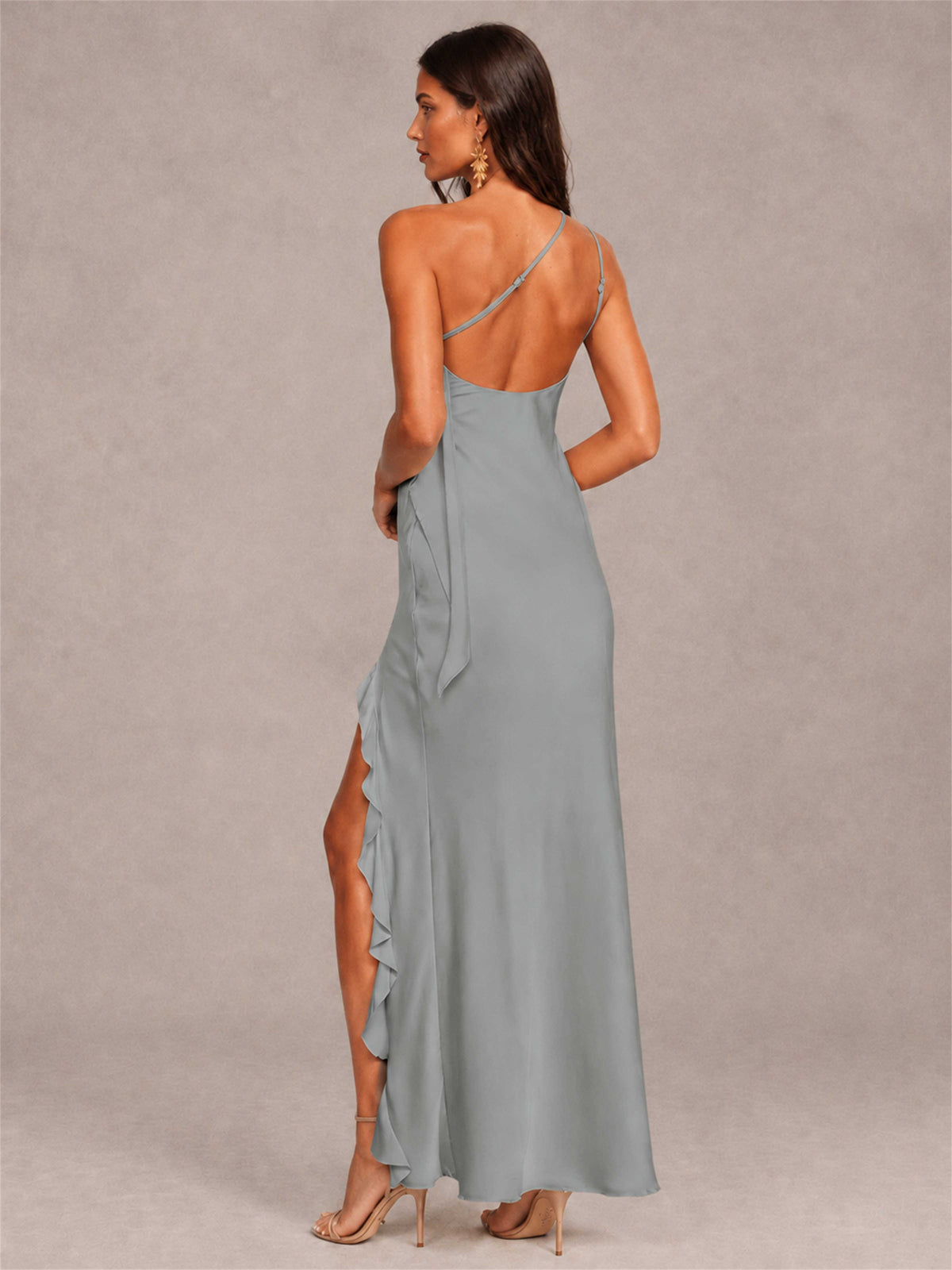 3D Flower One Shoulder Column Satin Sleeveless Wedding Guest Dress with Split Side