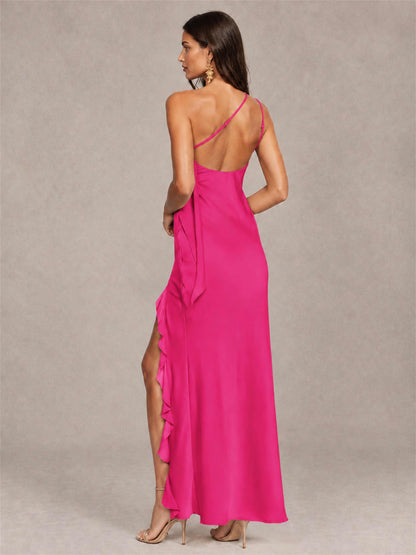 3D Flower One Shoulder Column Satin Sleeveless Wedding Guest Dress with Split Side