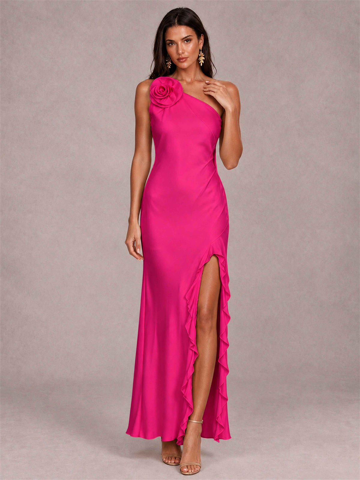 3D Flower One Shoulder Column Satin Sleeveless Wedding Guest Dress with Split Side