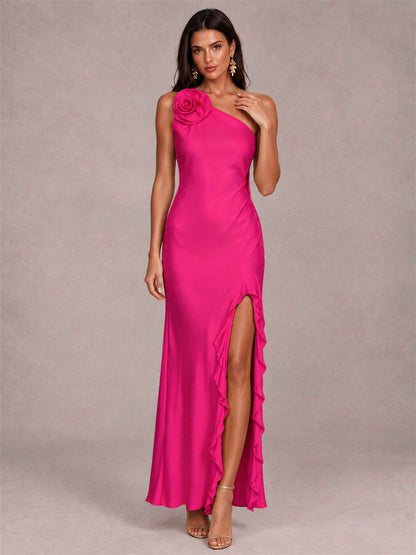 3D Flower One Shoulder Column Satin Sleeveless Wedding Guest Dress with Split Side