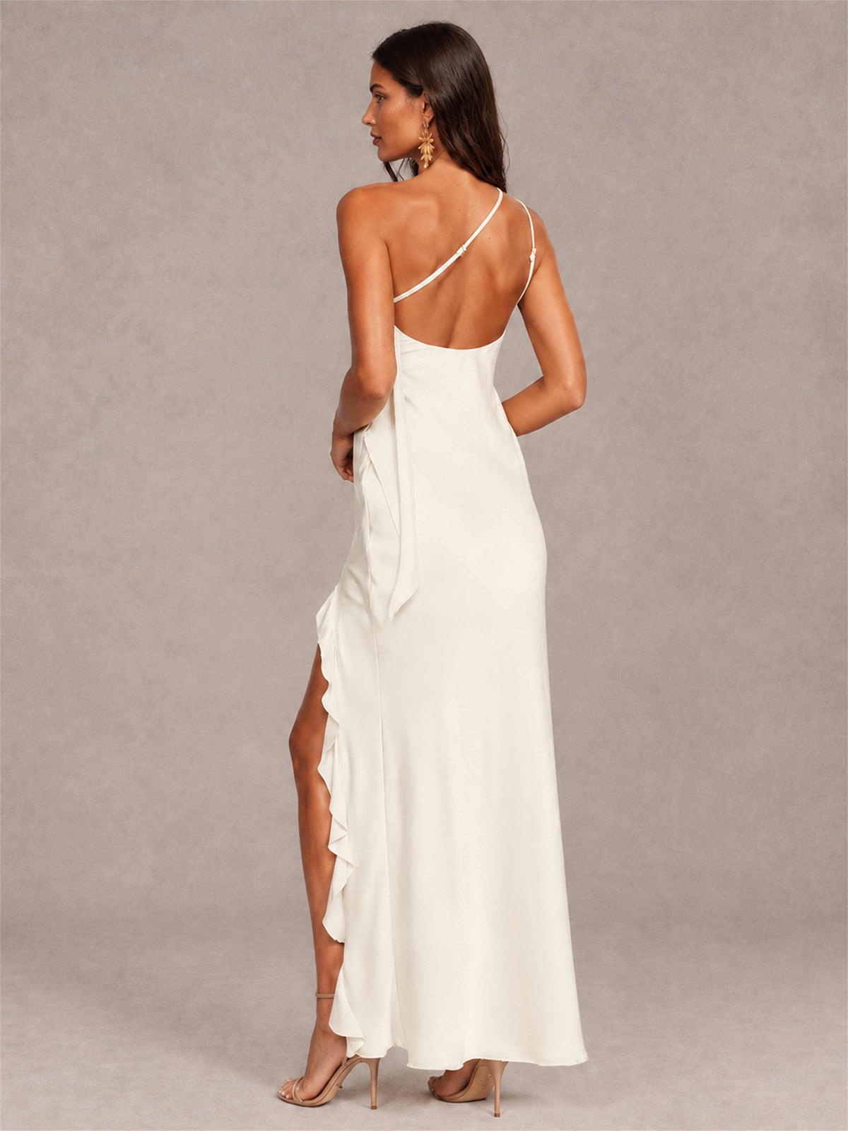 3D Flower One Shoulder Column Satin Sleeveless Wedding Guest Dress with Split Side