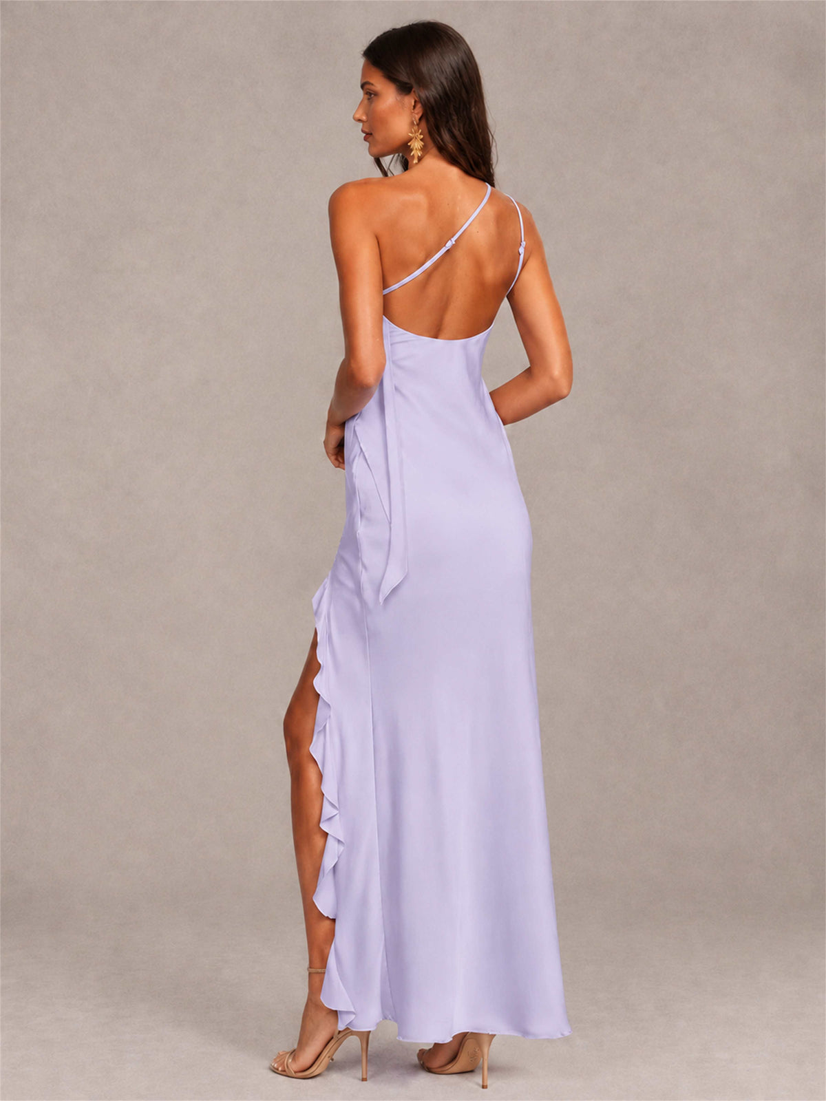 3D Flower One Shoulder Column Satin Sleeveless Wedding Guest Dress with Split Side