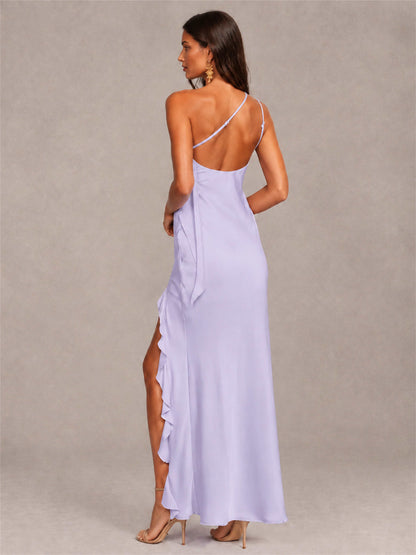 3D Flower One Shoulder Column Satin Sleeveless Wedding Guest Dress with Split Side