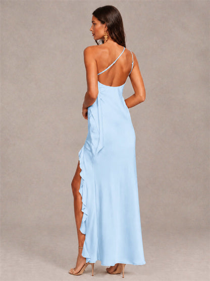 3D Flower One Shoulder Column Satin Sleeveless Wedding Guest Dress with Split Side