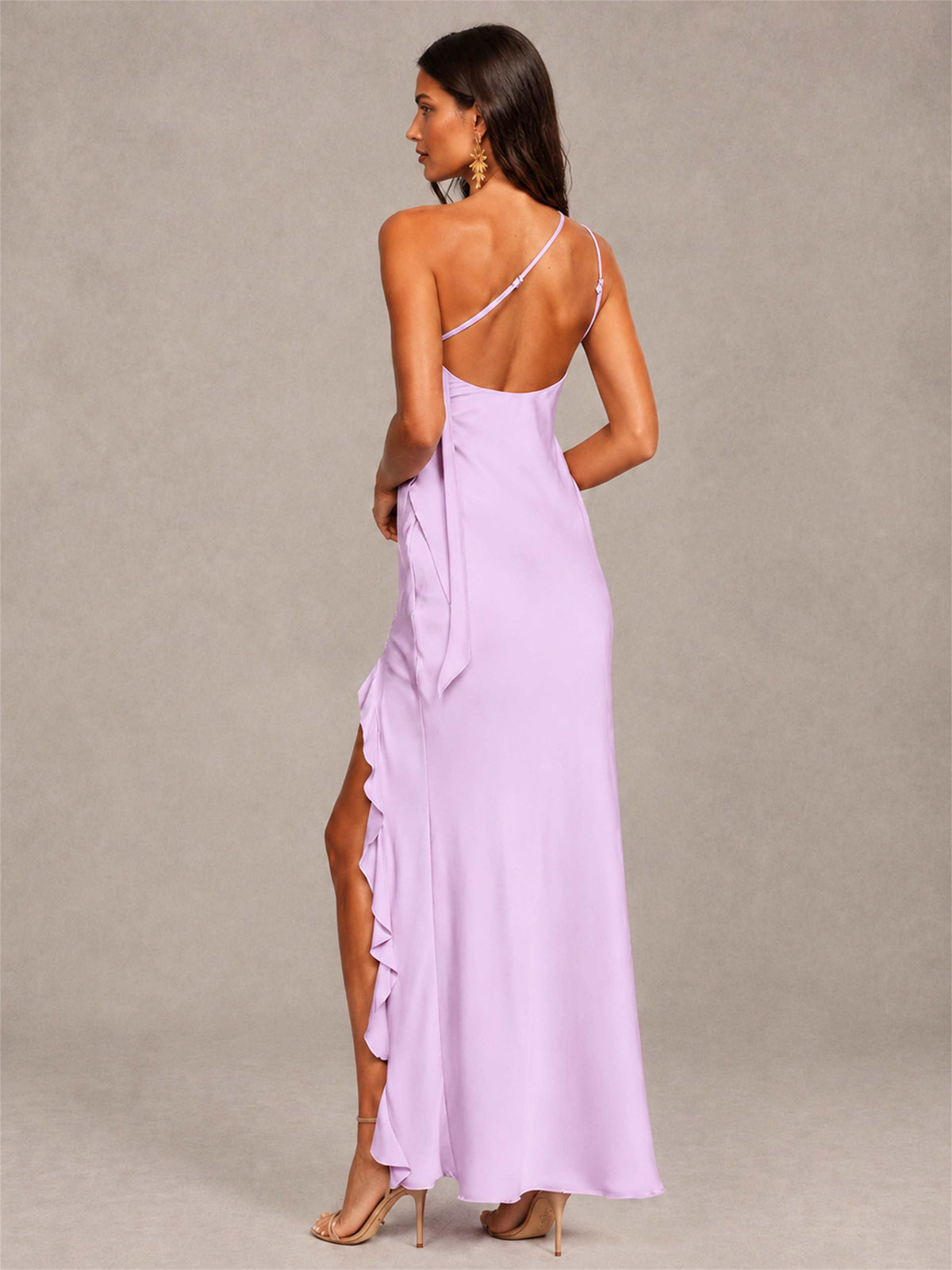 3D Flower One Shoulder Column Satin Sleeveless Wedding Guest Dress with Split Side