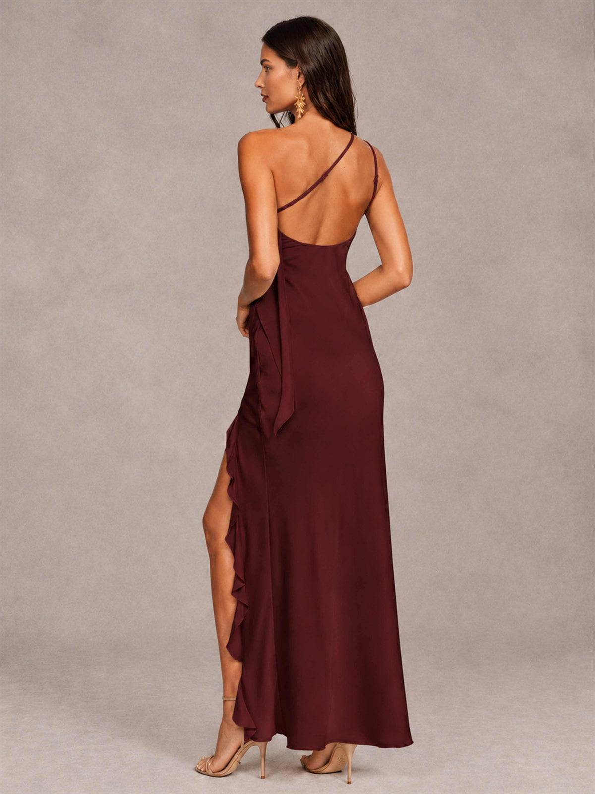 3D Flower One Shoulder Column Satin Sleeveless Wedding Guest Dress with Split Side