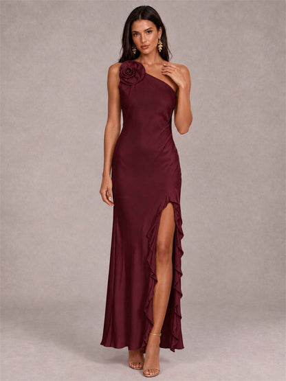 3D Flower One Shoulder Column Satin Sleeveless Wedding Guest Dress with Split Side