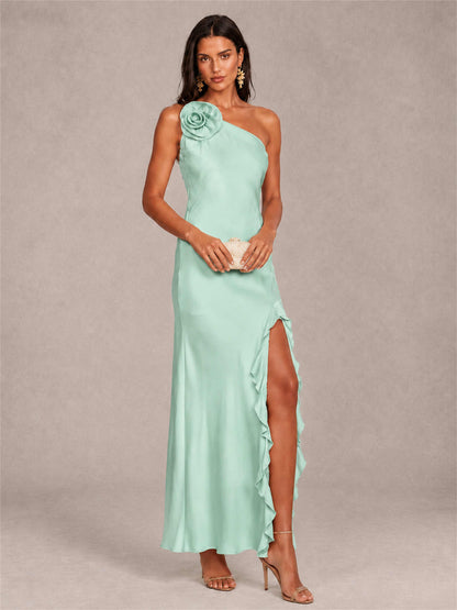3D Flower One Shoulder Column Satin Sleeveless Wedding Guest Dress with Split Side