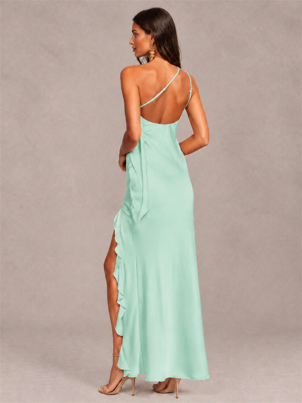3D Flower One Shoulder Column Satin Sleeveless Wedding Guest Dress with Split Side