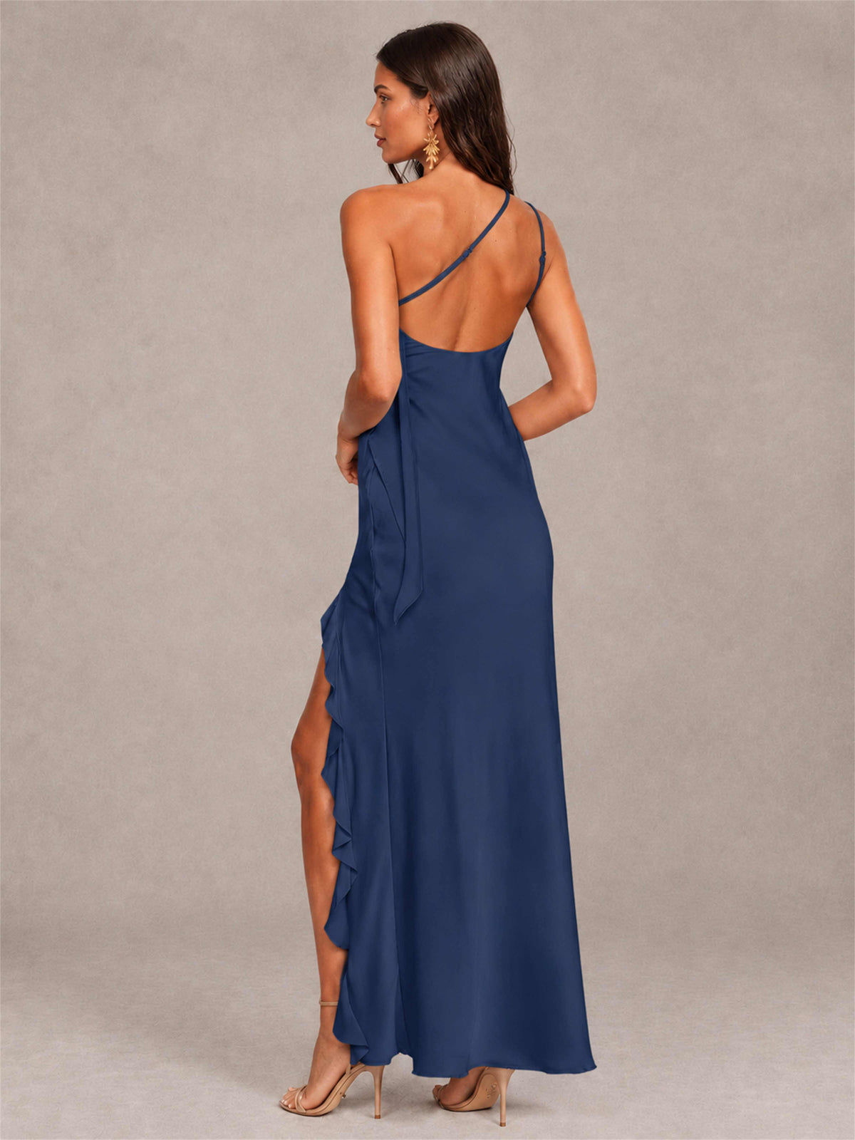 3D Flower One Shoulder Column Satin Sleeveless Wedding Guest Dress with Split Side