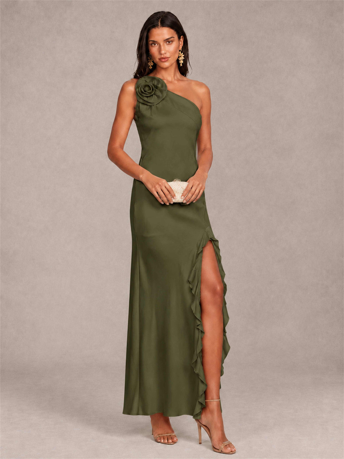3D Flower One Shoulder Column Satin Sleeveless Wedding Guest Dress with Split Side