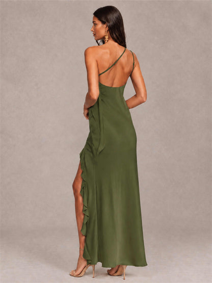 3D Flower One Shoulder Column Satin Sleeveless Wedding Guest Dress with Split Side