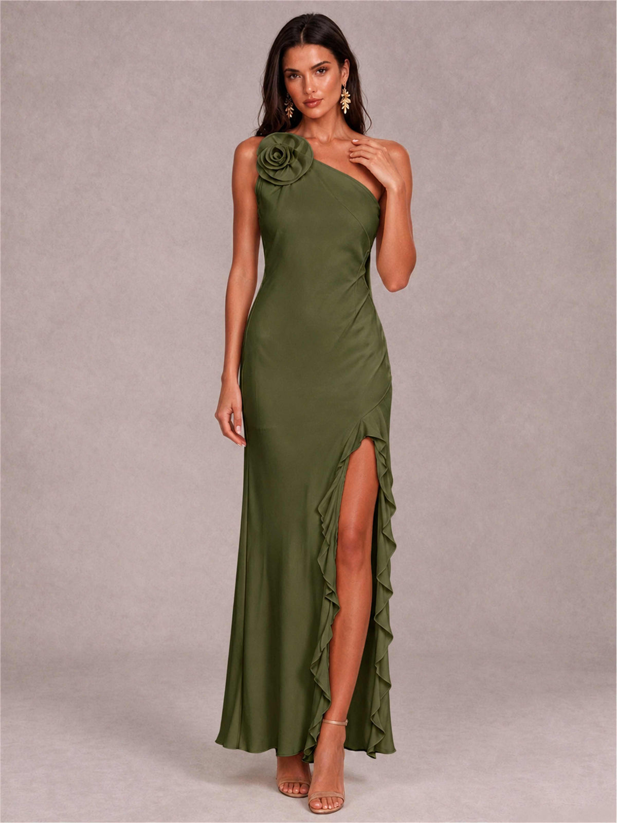 3D Flower One Shoulder Column Satin Sleeveless Wedding Guest Dress with Split Side