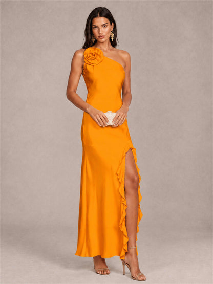 3D Flower One Shoulder Column Satin Sleeveless Wedding Guest Dress with Split Side