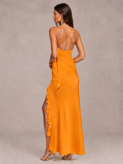 3D Flower One Shoulder Column Satin Sleeveless Wedding Guest Dress with Split Side