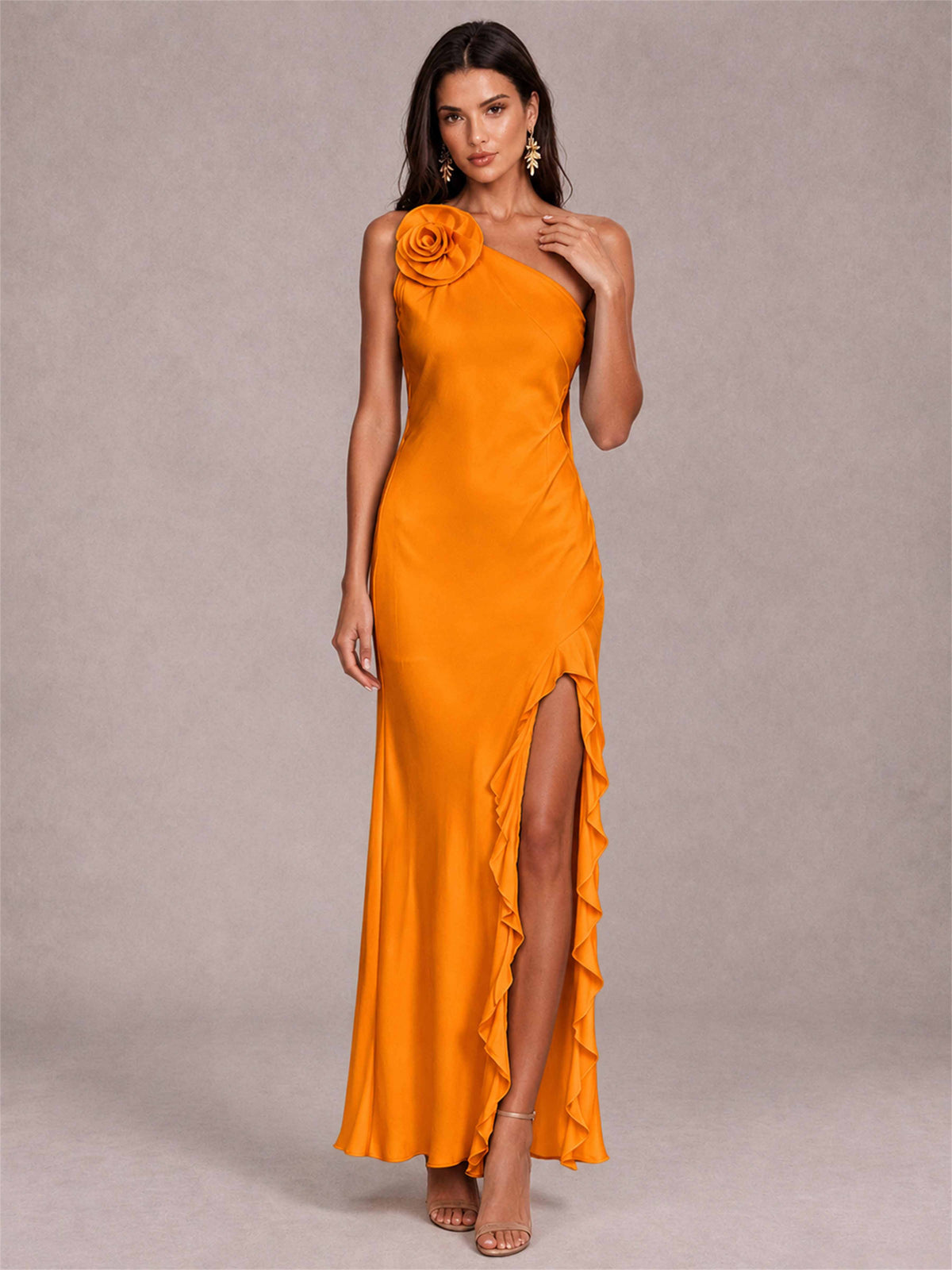 3D Flower One Shoulder Column Satin Sleeveless Wedding Guest Dress with Split Side