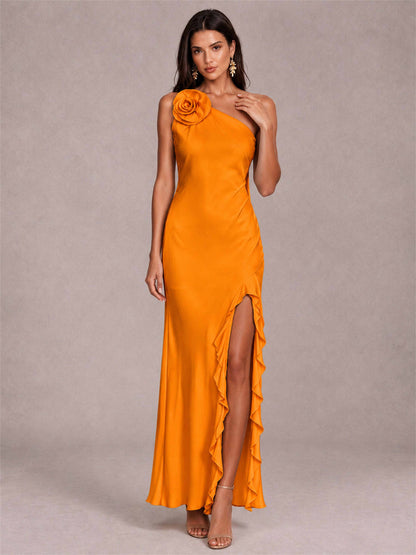 3D Flower One Shoulder Column Satin Sleeveless Wedding Guest Dress with Split Side