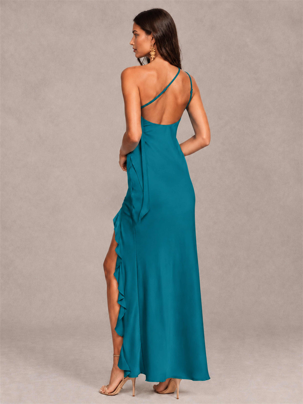 3D Flower One Shoulder Column Satin Sleeveless Wedding Guest Dress with Split Side