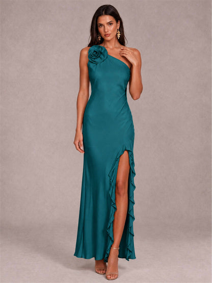 3D Flower One Shoulder Column Satin Sleeveless Wedding Guest Dress with Split Side