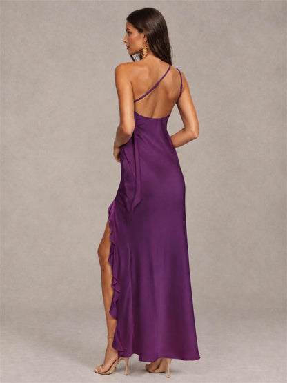 3D Flower One Shoulder Column Satin Sleeveless Wedding Guest Dress with Split Side