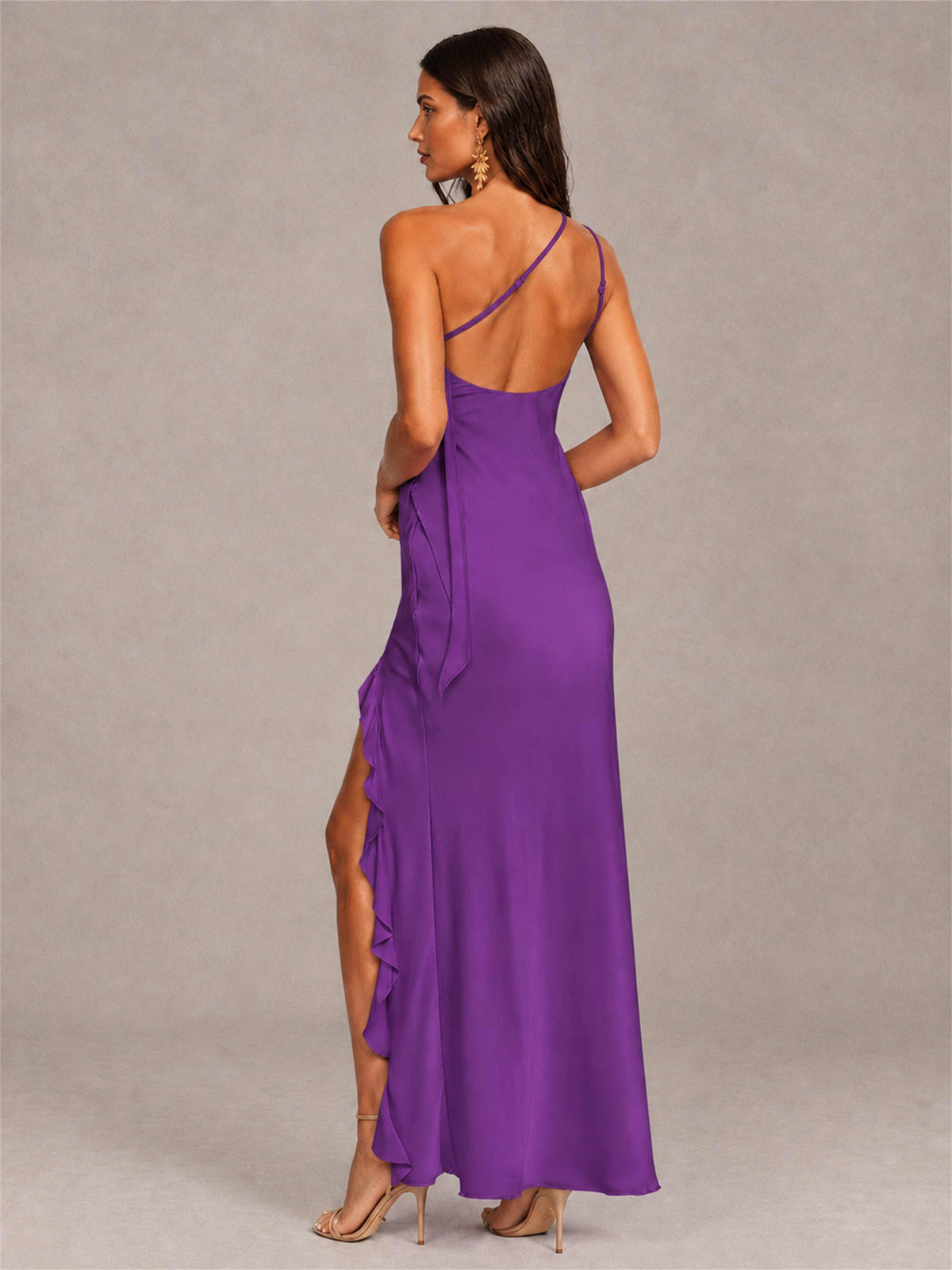 3D Flower One Shoulder Column Satin Sleeveless Wedding Guest Dress with Split Side