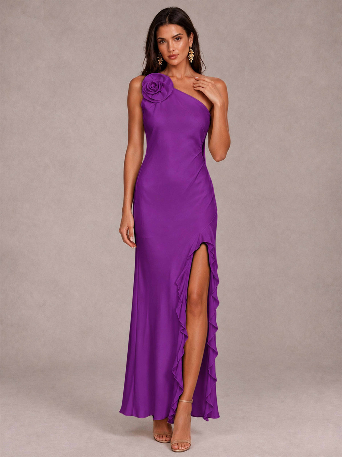 3D Flower One Shoulder Column Satin Sleeveless Wedding Guest Dress with Split Side