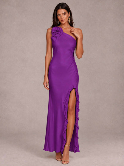 3D Flower One Shoulder Column Satin Sleeveless Wedding Guest Dress with Split Side