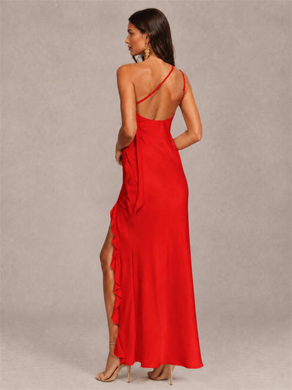 3D Flower One Shoulder Column Satin Sleeveless Wedding Guest Dress with Split Side