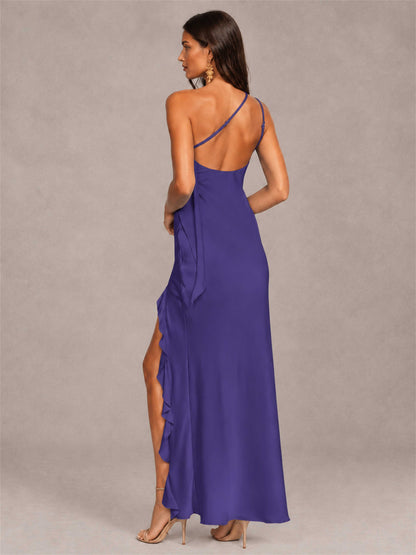 3D Flower One Shoulder Column Satin Sleeveless Wedding Guest Dress with Split Side