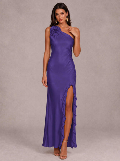 3D Flower One Shoulder Column Satin Sleeveless Wedding Guest Dress with Split Side