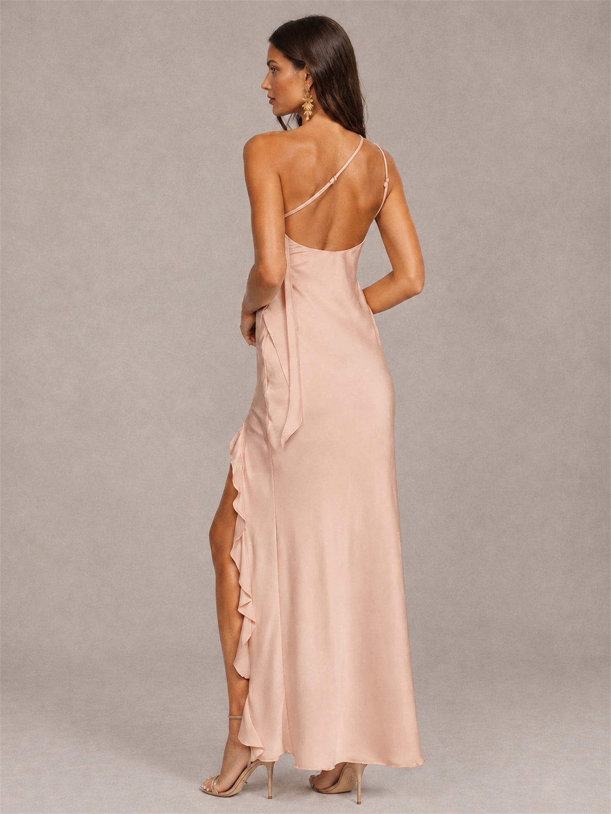 3D Flower One Shoulder Column Satin Sleeveless Wedding Guest Dress with Split Side