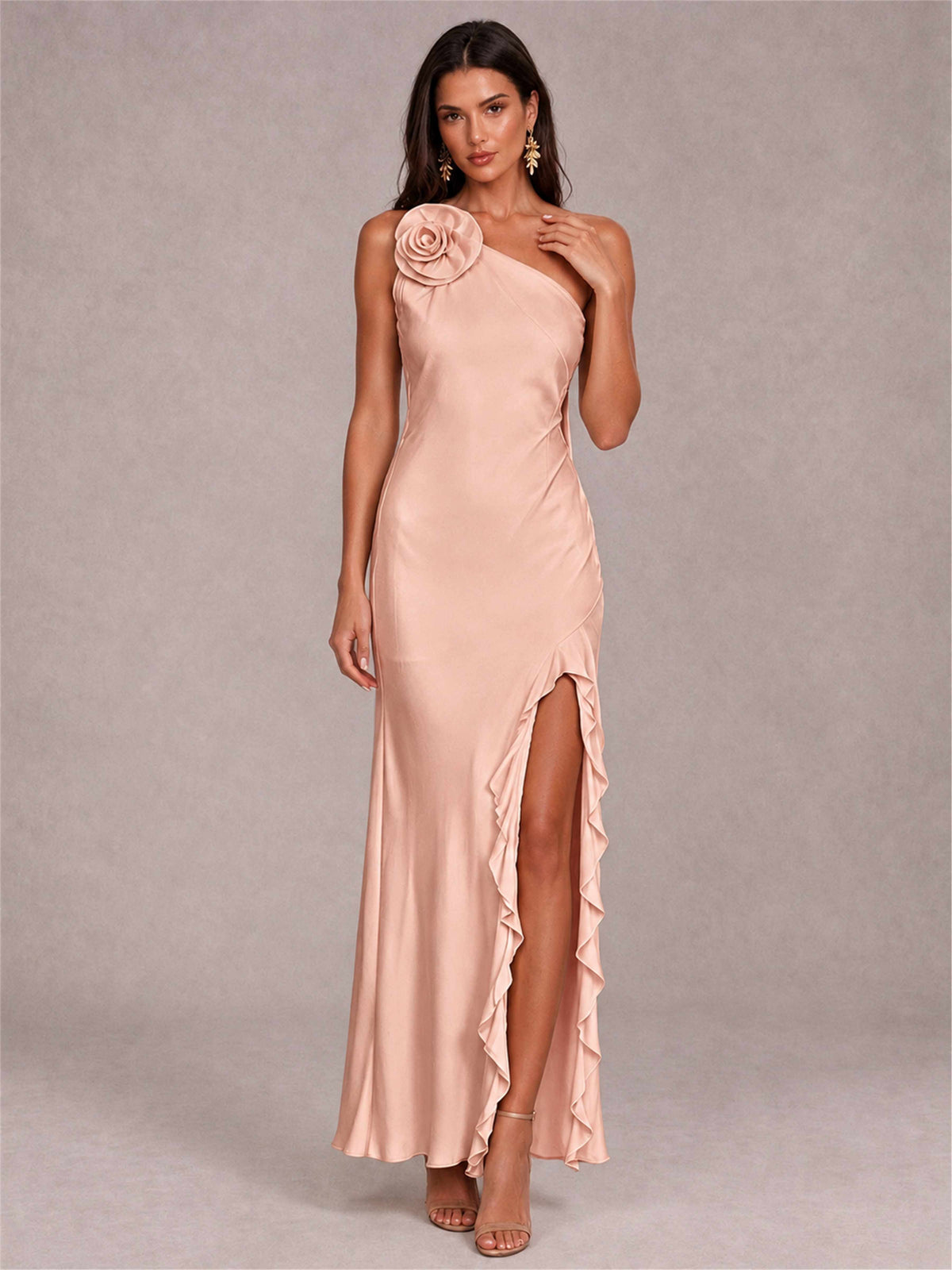 3D Flower One Shoulder Column Satin Sleeveless Wedding Guest Dress with Split Side