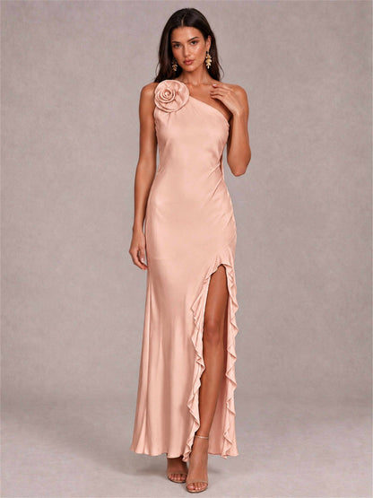 3D Flower One Shoulder Column Satin Sleeveless Wedding Guest Dress with Split Side
