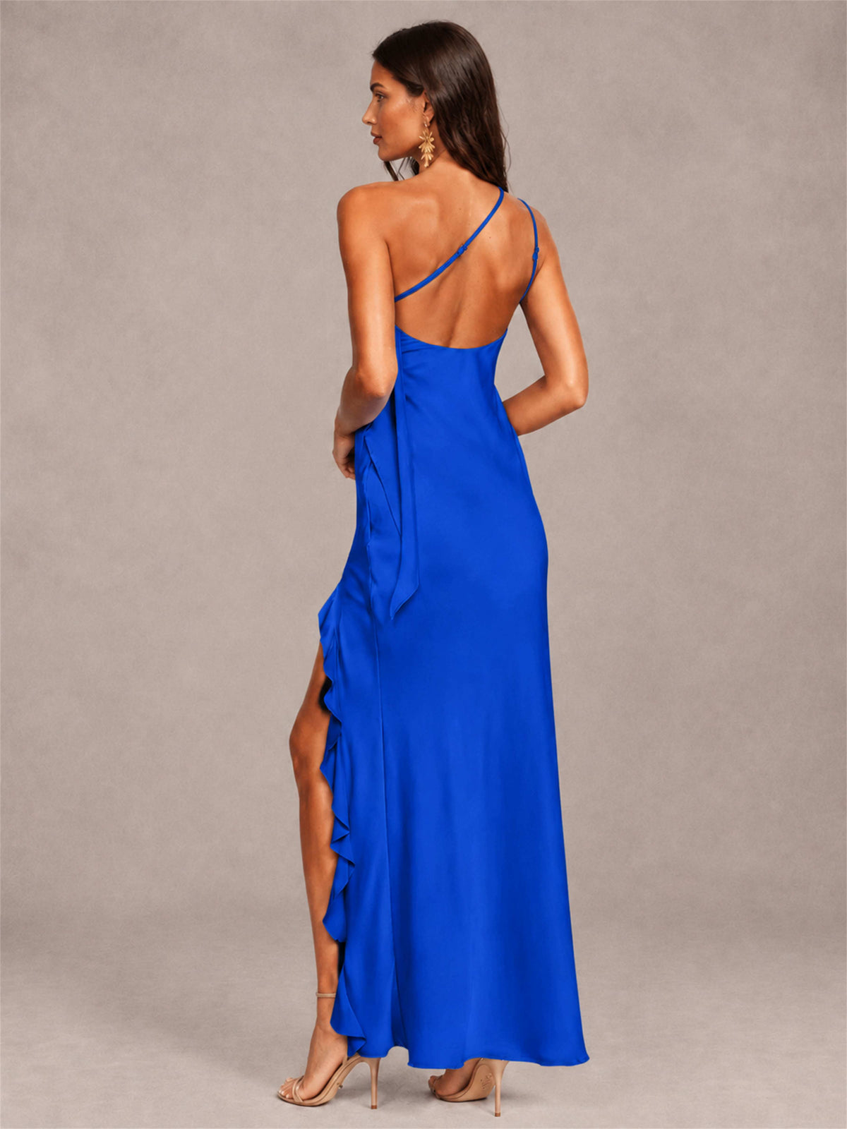 3D Flower One Shoulder Column Satin Sleeveless Wedding Guest Dress with Split Side