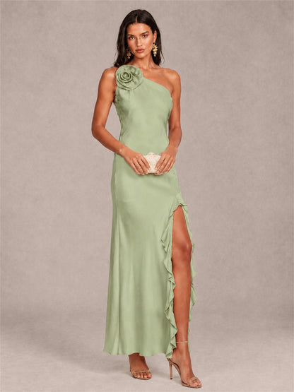 3D Flower One Shoulder Column Satin Sleeveless Wedding Guest Dress with Split Side