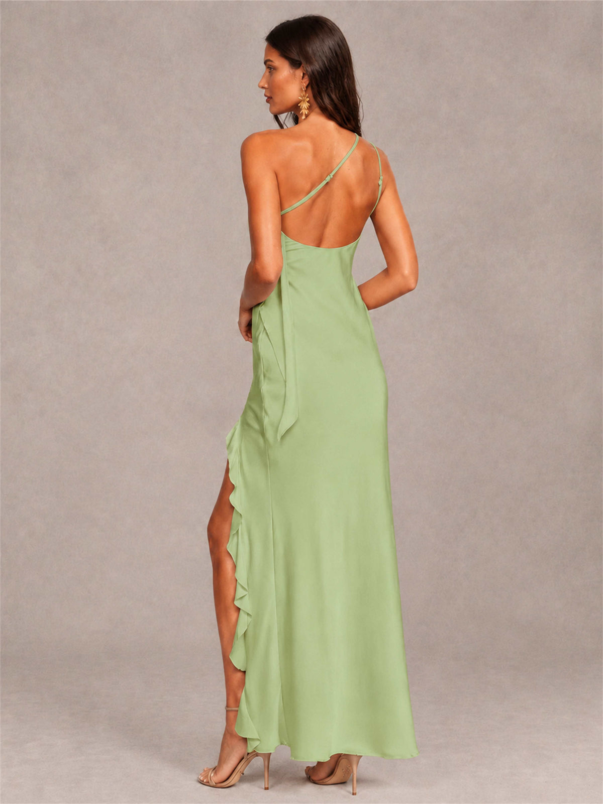 3D Flower One Shoulder Column Satin Sleeveless Wedding Guest Dress with Split Side