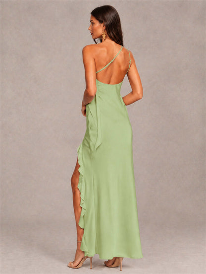 3D Flower One Shoulder Column Satin Sleeveless Wedding Guest Dress with Split Side