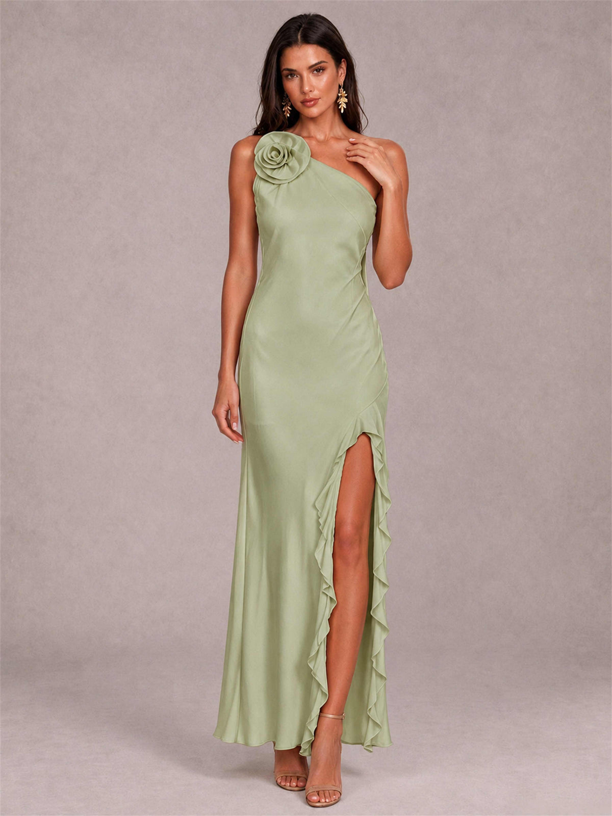 3D Flower One Shoulder Column Satin Sleeveless Wedding Guest Dress with Split Side