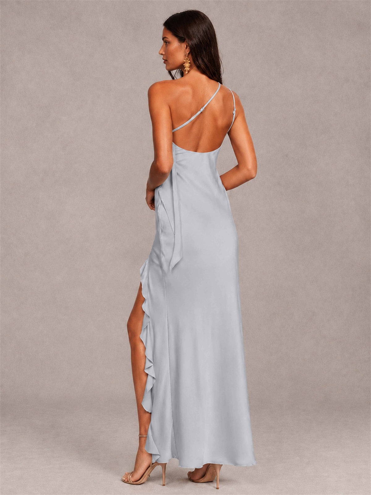 3D Flower One Shoulder Column Satin Sleeveless Wedding Guest Dress with Split Side