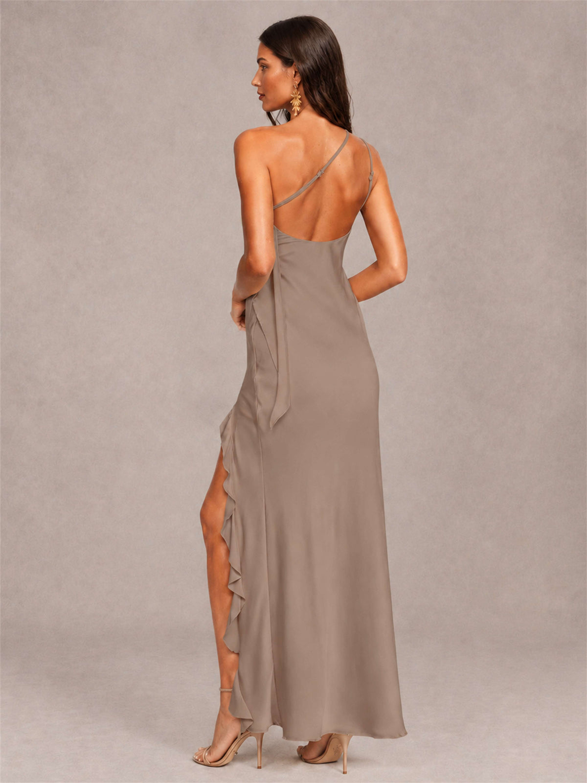 3D Flower One Shoulder Column Satin Sleeveless Wedding Guest Dress with Split Side