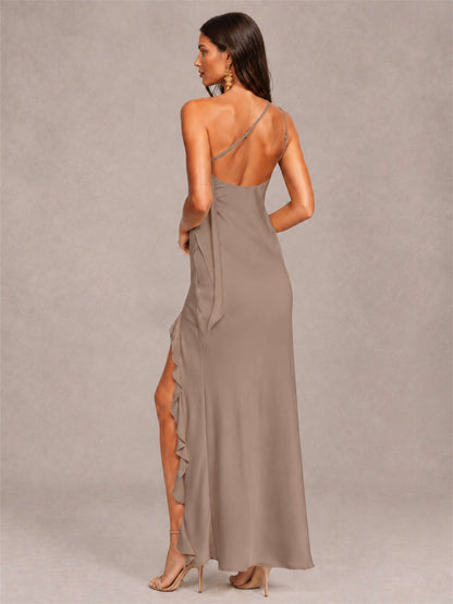 3D Flower One Shoulder Column Satin Sleeveless Wedding Guest Dress with Split Side