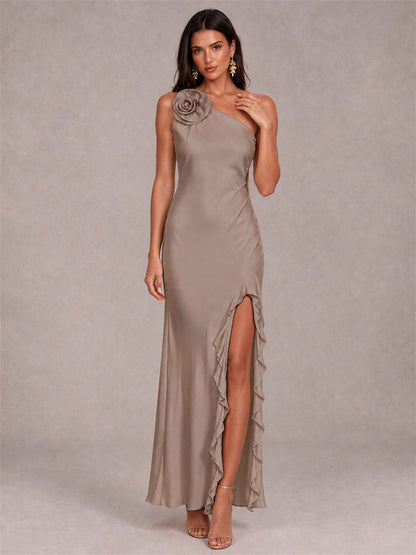 3D Flower One Shoulder Column Satin Sleeveless Wedding Guest Dress with Split Side