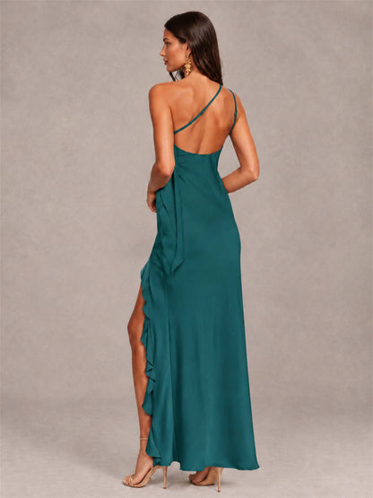 3D Flower One Shoulder Column Satin Sleeveless Wedding Guest Dress with Split Side